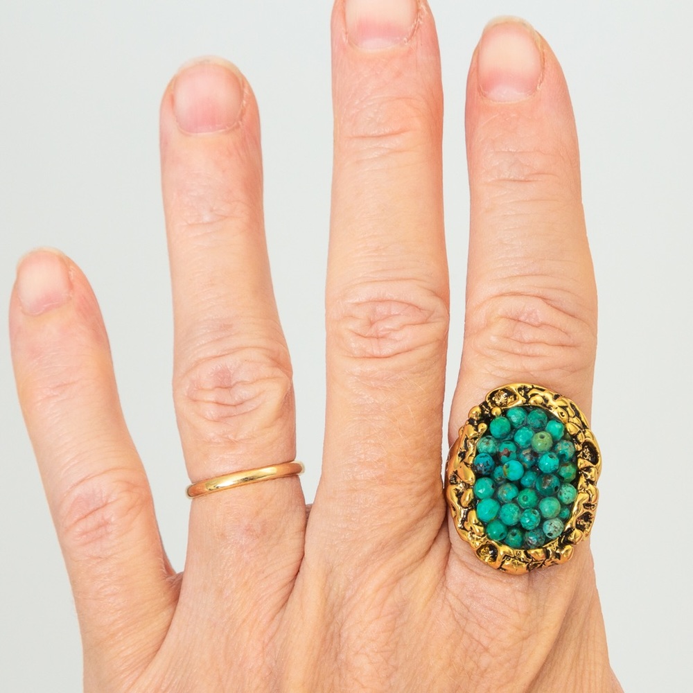 Turquoise ring textured beaded turquoise brass gold ring 10